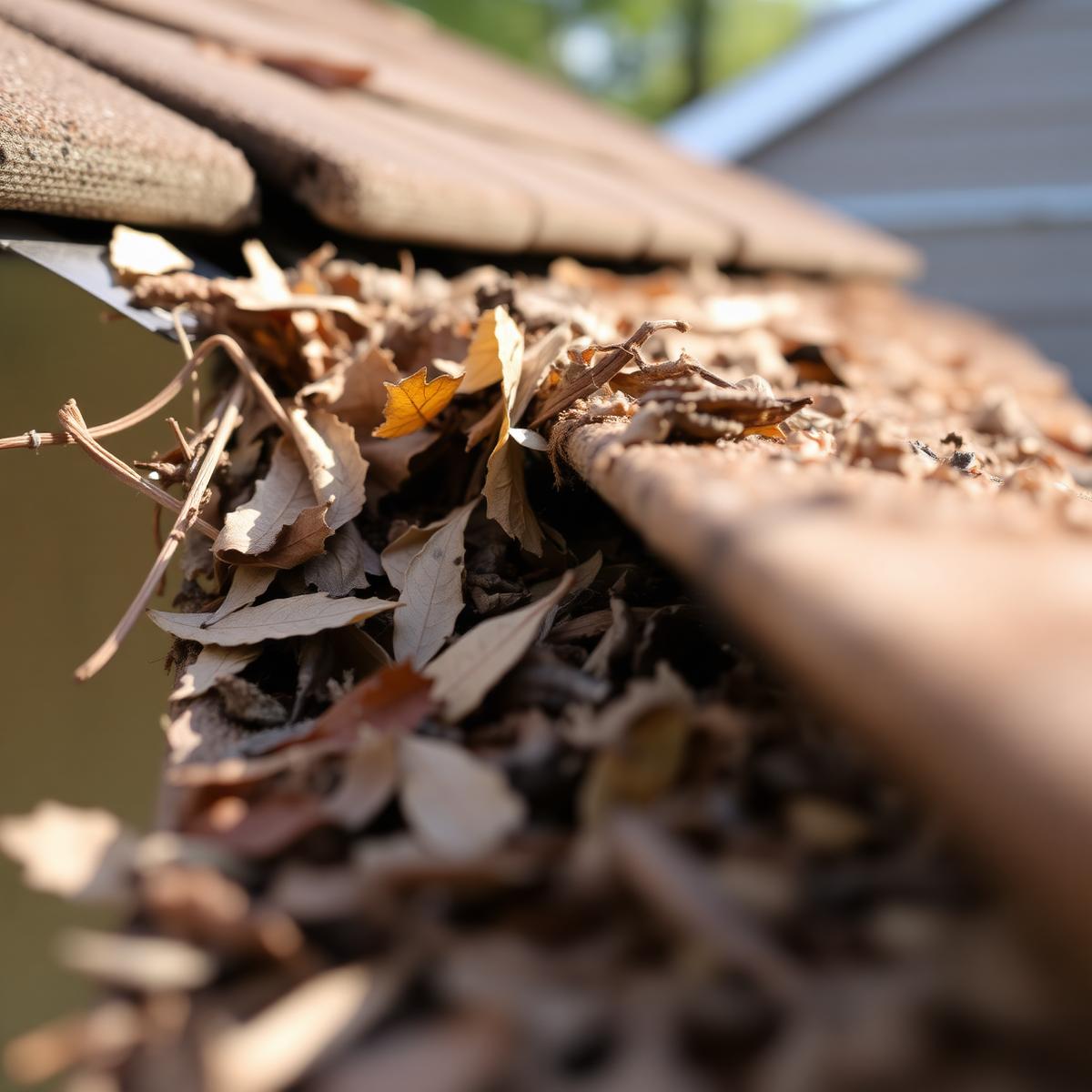 Clogged gutter full of leaves before cleaning