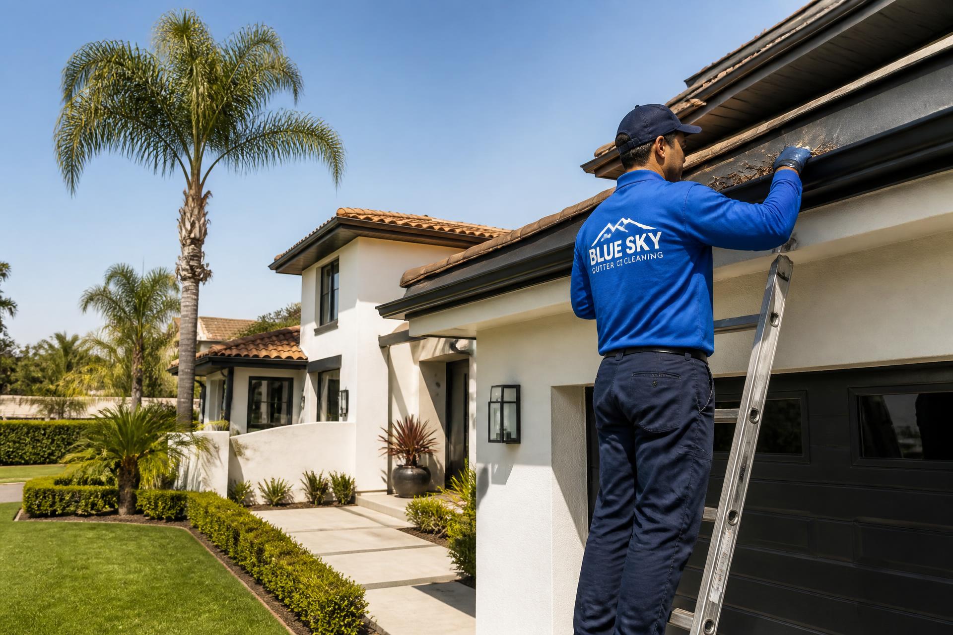 Gutter cleaning technician on a Southern California home